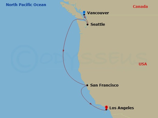 Star Princess - 7 Night - Pacific Wine Country - Star Princess - Starting in Vancouver, Canada, Seattle, Washington, San Francisco, California, Los Angeles, California itinerary map