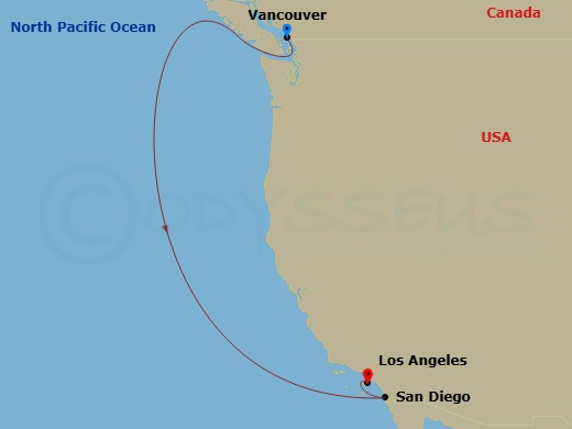 5 Night - Pacific Coastal - Coral Princess - Starting in Vancouver, Canada, San Diego, California, Los Angeles, California itinerary map