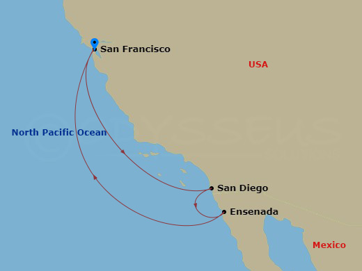 Ruby Princess - 5 Night - West Coast Getaway with San Diego - Ruby Princess - Starting in San Francisco, California, San Diego, California, Ensenada, Mexico, San Francisco, C.. itinerary map