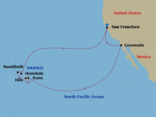 16 Night - Hawaiian Islands Holiday - Ruby Princess - Starting in San Francisco, California, Honolulu, Hawaii, Kauai (Nawiliwili), Hawaii, Kona, Hawaii, Hilo, Hawaii, Ensenada, Mexico, San Francisco, California itinerary map