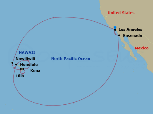 16 Night - Hawaiian Islands Holiday - Crown Princess - Starting in Los Angeles, California, Kauai (Nawiliwili), Hawaii, Kona, Hawaii, Hilo, Hawaii, Honolulu, Hawaii, Ensenada, Mexico, Los Angeles, California itinerary map