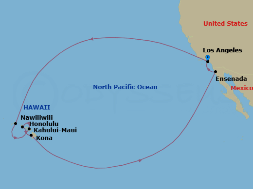 16 Night - Hawaiian Islands - Crown Princess - Starting in Los Angeles, California, Kauai (Nawiliwili), Hawaii, Kahului, Hawaii, Honolulu, Hawaii, Kona, Hawaii, Ensenada, Mexico, Los Angeles, California itinerary map