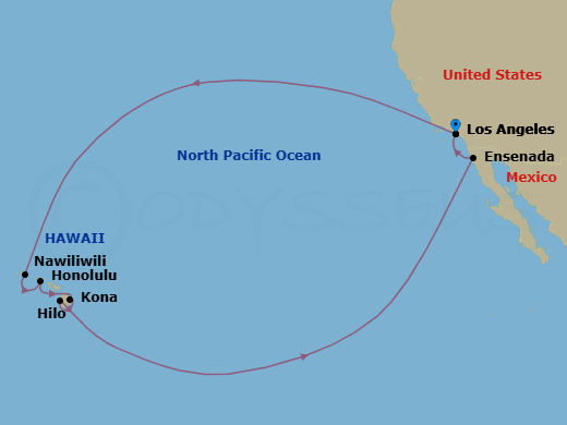 16 Night - Hawaiian Islands - Crown Princess - Starting in Los Angeles, California, Kauai (Nawiliwili), Hawaii, Honolulu, Hawaii, Hilo, Hawaii, Kona, Hawaii, Ensenada, Mexico, Los Angeles, California itinerary map