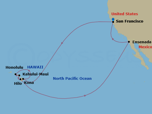 16 Night - Hawaiian Islands - Ruby Princess - Starting in San Francisco, California, Hilo, Hawaii, Honolulu, Hawaii, Kahului, Hawaii, Kona, Hawaii, Ensenada, Mexico, San Francisco, California itinerary map