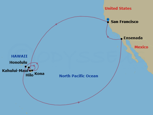 16 Night - Hawaiian Islands - Ruby Princess - Starting in San Francisco, California, Kona, Hawaii, Kahului, Hawaii, Hilo, Hawaii, Honolulu, Hawaii, Ensenada, Mexico, San Francisco, California itinerary map
