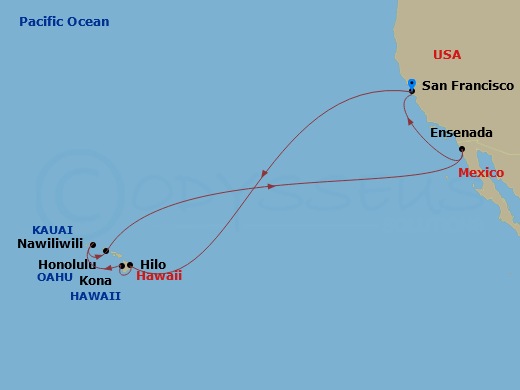 Ruby Princess - 16 Night - Hawaiian Islands - Ruby Princess - Starting in San Francisco, California, Hilo, Hawaii, Kona, Hawaii, Kauai (Nawiliwili), Hawaii, Honolulu, Hawaii,.. itinerary map