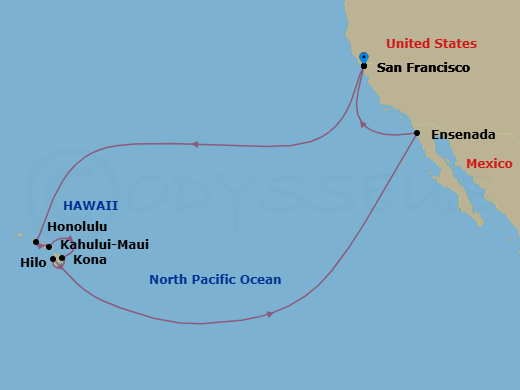 16 Night - Hawaiian Islands - Ruby Princess - Starting in San Francisco, California, Honolulu, Hawaii, Kahului, Hawaii, Hilo, Hawaii, Kona, Hawaii, Ensenada, Mexico, San Francisco, California itinerary map