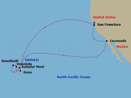 16 Night - Hawaiian Islands - Ruby Princess - Starting in San Francisco, California, Kona, Hawaii, Honolulu, Hawaii, Kauai (Nawiliwili), Hawaii, Kahului, Hawaii, Ensenada, Mexico, San Francisco, California itinerary map