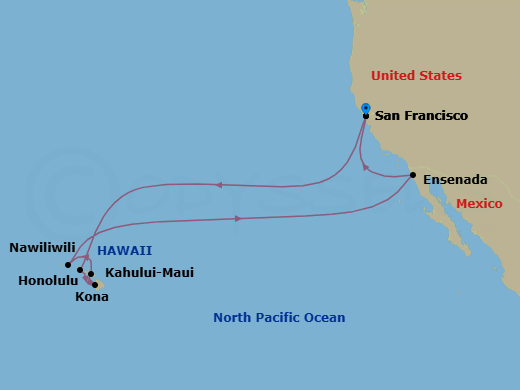 16 Night - Hawaiian Islands - Ruby Princess - Starting in San Francisco, California, Honolulu, Hawaii, Kona, Hawaii, Kahului, Hawaii, Kauai (Nawiliwili), Hawaii, Ensenada, Mexico, San Francisco, California itinerary map