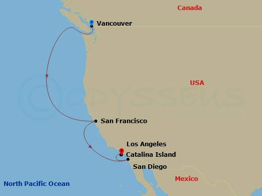 Discovery Princess - 7 Night - Pacific Wine Country - Discovery Princess - Starting in Vancouver, Canada, San Francisco, California, Catalina Island, California, San Diego, Califo.. itinerary map