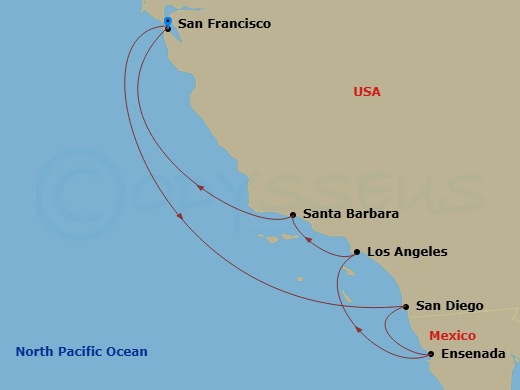 Ruby Princess - 7 Night - Classic California Coast - Ruby Princess - Starting in San Francisco, California, San Diego, California, Ensenada, Mexico, Los Angeles, California,.. itinerary map