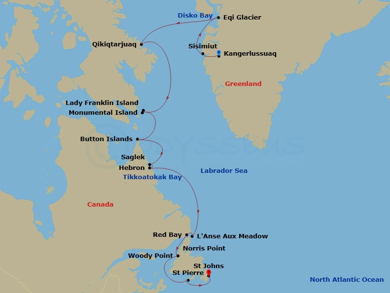 World Navigator - 17 Night - Kangerlussuaq to St. Johns - World Navigator - Starting in Kangerlussuaq, Sisimiut, Eqi Glacier (Disko Bay) Captains Choice, Disko Bay / Captains C.. itinerary map