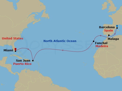 14 Night - Felices Fiestas - Seven Seas Prestige - Starting in Barcelona, Cruising the Mediterranean Sea, Malaga, Cruising the Atlantic Ocean, Funchal (Madeira), Cruising the Atlantic Ocean, San Juan, Cruising the Atlantic Ocean, Miami itinerary map