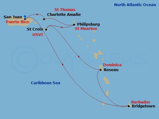 RCL Jewel of the Seas - 7 Night - Southern Caribbean Cruise - RCL Jewel of the Seas - Starting in San Juan, Puerto Rico, Charlotte Amalie, St Thomas, Philipsburg, St Maarten, St Croi.. itinerary map