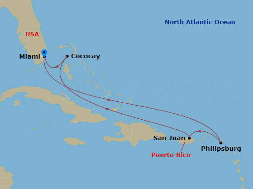 RCL Icon of the Seas - 7 Night - Eastern Caribbean & Perfect Day - RCL Icon of the Seas - Starting in Miami, Florida, Philipsburg, St Maarten, San Juan, Puerto Rico, Perfect Day Coc.. itinerary map
