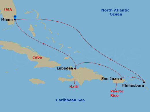 RCL Icon of the Seas - 7 Night - Eastern Caribbean Cruise - RCL Icon of the Seas - Starting in Miami, Florida, Philipsburg, St Maarten, San Juan, Puerto Rico, Labadee, Haiti, Miami,.. itinerary map