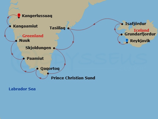 World Navigator - 11 Night - Reykjavik to Kangerlussuaq - World Navigator - Starting in Reykjavik, Grundarfjordur, Isafjordur, Tasiilaq, Skjoldungen Island, Prince Christian So.. itinerary map