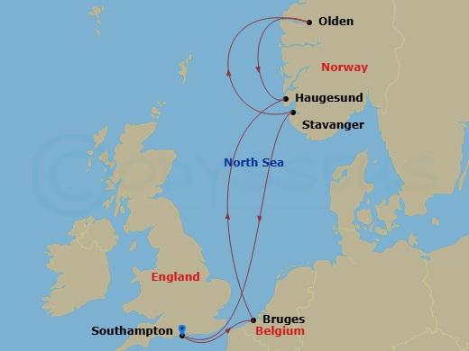 RCL Liberty of the Seas - 7 Night - Norwegian Fjords Cruise - RCL Liberty of the Seas - Starting in Southampton, England, Bruges, (Zeebrugge), Belgium, Haugesund, Norway, Olden, Norway.. itinerary map