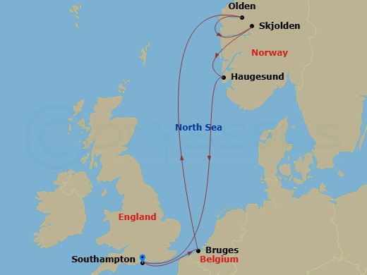 RCL Liberty of the Seas - 7 Night - Norwegian Fjords Cruise - RCL Liberty of the Seas - Starting in Southampton, England, Bruges, (Zeebrugge), Belgium, Olden, Norway, Skjolden, Norway,.. itinerary map
