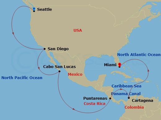 Silver Nova - 20 Night - Seattle to Miami - Silver Nova - Starting in Seattle, Washington, San Diego, California, Cabo San Lucas (Baja California), Puntarenas, Panama Canal.. itinerary map