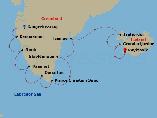 World Navigator - 11 Night - Kangerlussuaq to Reykjavik - World Navigator - Starting in Kangerlussuaq, Kangaamiut, Nuuk, Greenland, Paamiut, Qaqortoq, Prince Christian Sound /.. itinerary map
