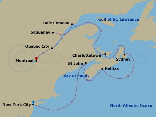 10 Night - Scenic Coasts & Old Quebec - Seven Seas Splendor - Starting in New York, Cruising the Atlantic Ocean, Saint John NB (Bay of Fundy), Halifax, Sydney CA, Charlottetown, Cruising the Gulf of St Lawrence, Baie-Comeau, Saguenay, Quebec City, Montreal itinerary map