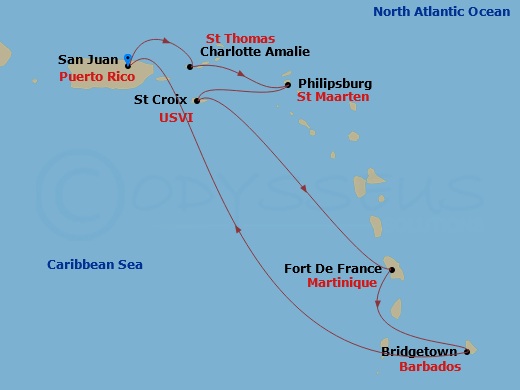 RCL Jewel of the Seas - 7 Night - Southern Caribbean Cruise - RCL Jewel of the Seas - Starting in San Juan, Puerto Rico, Charlotte Amalie, St Thomas, Philipsburg, St Maarten, St Croi.. itinerary map