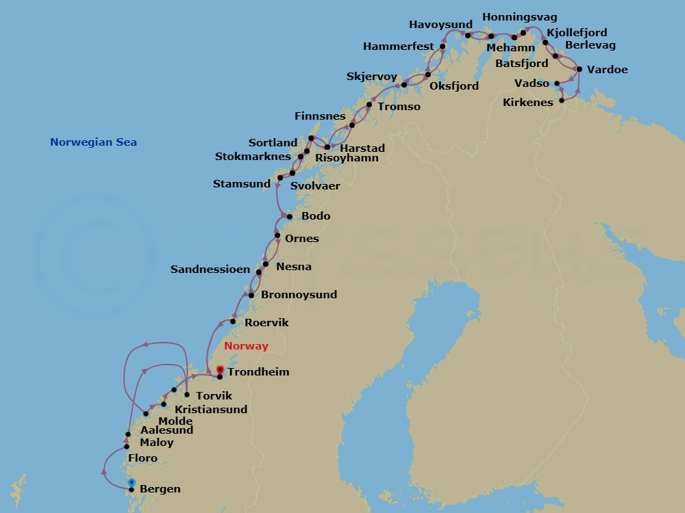 10 Night - The Coastal Express - to the Viking Capital - MS Nordnorge - Starting in Bergen, Floro, Maloy, Torvik, Alesund, Molde, Kristiansund, Trondheim, Rorvik, Bronnoysund, Sandnessjoen, Nesna, Ornes, Bodo, Stamsund, Svolvar, Stokmarknes, Sortland, Risoyhamn, Harstad, Finnsnes, Tromso, Skjervoy, Oksfjord, Hammerfest, Havoysund, Honningsvag, Kjollefjord, Mehamn, Berlevag, Batsfjord, Vardo, Vadso, Kirkenes, Vardo, Batsfjord, Berlevag, Mehamn, Kjollefjord, Honningsvag, Havoysund, Hammerfest, Oksfjord, Skjervoy, Tromso, Finnsnes, Harstad, Risoyhamn, Sortland, Stokmarknes, Svolvar, Stamsund, Bodo, Ornes, Nesna, Sandnessjoen, Bronnoysund, Rorvik, Trondheim itinerary map