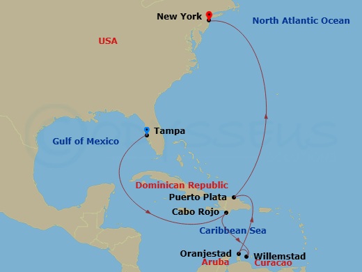 NCL Norwegian Gem - 10 Night - Southern Caribbean - Tampa - NCL Norwegian Gem - Starting in Tampa, Fl, Cabo Rojo, Dominican Republic, Willemstad AN, Netherlands Antilles, Oranjes.. itinerary map
