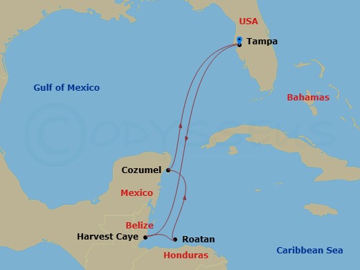 NCL Norwegian Gem - 7 Night - Western Caribbean - Tampa - NCL Norwegian Gem - Starting in Tampa, Fl, Harvest Caye, Belize, Roatan Bay Islands, Honduras, Cozumel, Mexico, Tampa, Fl itinerary map