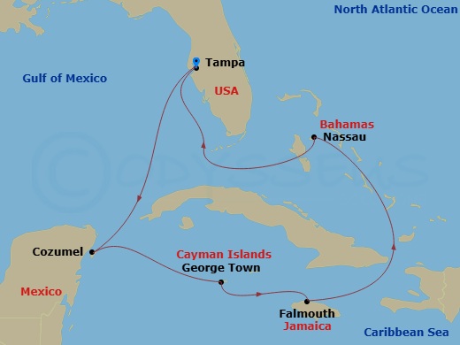 NCL Norwegian Gem - 8 Night - Western Caribbean - Tampa - NCL Norwegian Gem - Starting in Tampa, Fl, Cozumel, Mexico, George Town, Cayman Islands, Falmouth, Jamaica, Nassau, Baha.. itinerary map