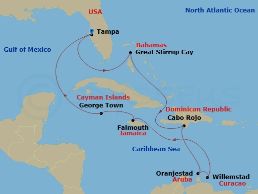 NCL Norwegian Gem - 11 Night - Southern Caribbean - Tampa - NCL Norwegian Gem - Starting in Tampa, Fl, Great Stirrup Cay, Bahamas, Cabo Rojo, Dominican Republic, Oranjestad, Arub.. itinerary map