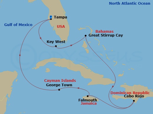 NCL Norwegian Gem - 9 Night - Western Caribbean - Tampa - NCL Norwegian Gem - Starting in Tampa, Fl, Key West, FL, Great Stirrup Cay, Bahamas, Cabo Rojo, Dominican Republic, Falm.. itinerary map