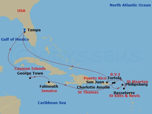 NCL Norwegian Gem - 12 Night - Eastern Caribbean - Tampa - NCL Norwegian Gem - Starting in Tampa, Fl, San Juan, Pr, Tortola, British Virgin Islands, Basseterre, Saint Kitts / Nev.. itinerary map