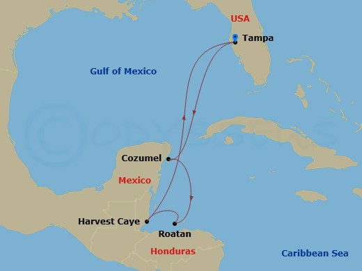 NCL Norwegian Gem - 7 Night - Western Caribbean - Tampa - NCL Norwegian Gem - Starting in Tampa, Fl, Cozumel, Mexico, Roatan Bay Islands, Honduras, Harvest Caye, Belize, Tampa, Fl itinerary map