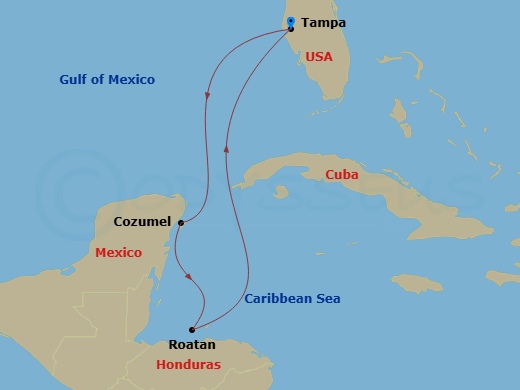 NCL Norwegian Gem - 5 Night - Western Caribbean - Tampa - NCL Norwegian Gem - Starting in Tampa, Fl, Cozumel, Mexico, Roatan Bay Islands, Honduras, Tampa, Fl itinerary map