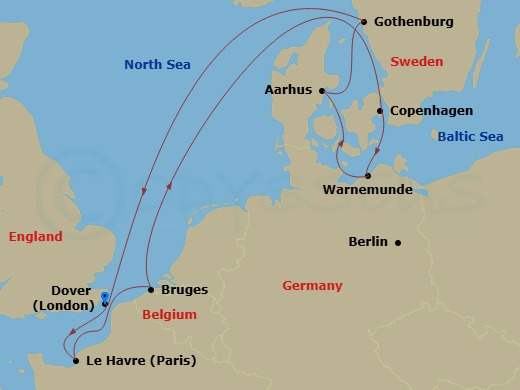 Carnival Miracle - 9 Night - Northern Europe - Carnival Miracle - Starting in Dover UK (London), England, Le Havre (Paris), France, Zeebrugge (Brussels), Belgium, Copenhagen, De.. itinerary map