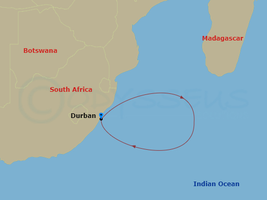 2 Night - South Africa - MSC Armonia - Starting in Durban, South Africa, Indian Ocean, Durban, South Africa itinerary map