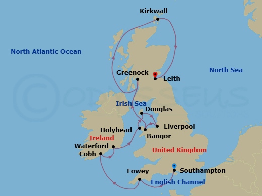 12 Night - Lyrical Lands & Harmonic Horizons - Seven Seas Voyager - Starting in London (Southampton), Fowey, Cork (Cobh), Waterford, Holyhead, Douglas, Liverpool, Bangor UK, Glasgow (Greenock), Cruising the Atlantic Ocean, Kirkwall (Orkney Islands), Edinburgh (Leith) itinerary map