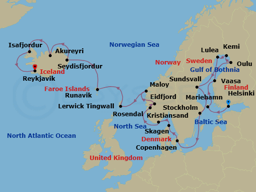 24 Night - Fjords & Fairytales - Oceania Insignia - Starting in Helsinki, Mariehamn, Vaasa, Oulu, Kemi, Lulea, Sundsvall, Stockholm, Copenhagen, Skagen, Kristiansand, Rosendal, Eidfjord, Maloy, Lerwick (Shetland Islands), Runavik, Faroe Islands, Seydisfjordur, Akureyri, Isafjordur, Reykjavik itinerary map