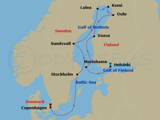 12 Night - Nordic Illumination - Oceania Insignia - Starting in Helsinki, Mariehamn, Vaasa, Oulu, Kemi, Lulea, Sundsvall, Stockholm, Copenhagen itinerary map
