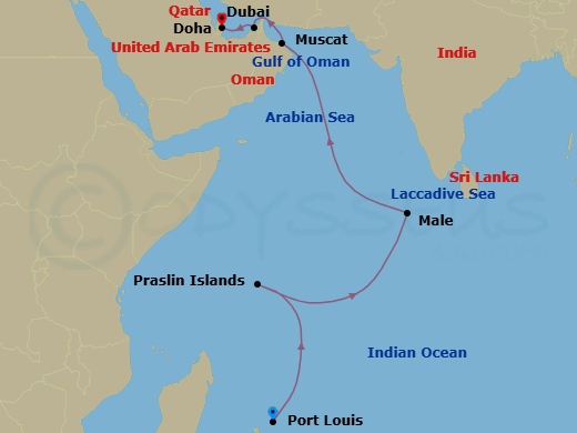 15 Night - Seychelles to Sands - Seven Seas Voyager - Starting in Port Louis, Cruising the Indian Ocean, Praslin (La Digue), Cruising the Indian Ocean, Male, Cruising the Arabian Sea, Muscat, Cruising the Gulf of Oman, Dubai, Doha itinerary map