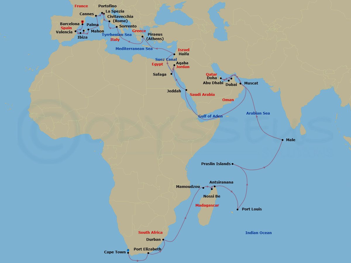 61 Night - Indian Ocean Odyssey - Seven Seas Voyager - Starting in Cape Town, Cruising the Indian Ocean, Port Elizabeth ZA, Cruising the Indian Ocean, Durban, Cruising the Indian Ocean, Cruising the Mozambique Channel, Mayotte, Nosy Be, Antsiranana, Cruising the Indian Ocean, Port Louis, Cruising the Indian Ocean, Praslin (La Digue), Cruising the Indian Ocean, Male, Cruising the Arabian Sea, Muscat, Cruising the Gulf of Oman, Dubai, Doha, Abu Dhabi, Cruising the Gulf of Oman, Muscat, Cruising the Gulf of Oman, Cruising the Arabian Sea, Cruising the Gulf of Aden, Cruising the Red Sea, Jeddah, Cruising the Red Sea, Aqaba, Luxor (Safaga), Suez Canal (Transit), Jerusalem (Haifa), Cruising the Mediterranean Sea, Athens (Piraeus), Cruising the Mediterranean Sea, Sorrento / Capri, Rome (Civitavecchia), La Spezia (Cinque Terre), Portofino, Cannes, Cruising the Mediterranean Sea, Mahon, Minorca, Palma De Mallorca, Ibiza, Cruising the Balearic Sea, Valencia, Barcelona itinerary map