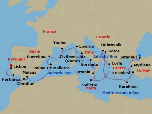 22 Night - Byzantine, Barcelona & Belem - Seven Seas Voyager - Starting in Istanbul, Mytilini (Lesbos), Kusadasi, Heraklion (Crete), Cruising the Ionian Sea, Dubrovnik, Croatia, Kotor, Corfu, Cruising the Ionian Sea, Valletta, Catania (Sicily), Sorrento / Capri, Rome (Civitavecchia), Tuscany (Livorno), Toulon, Barcelona, Palma De Mallorca, Cruising the Mediterranean Sea, Malaga, Gibraltar, Cruising the Atlantic Ocean, Portimao, Lisbon itinerary map