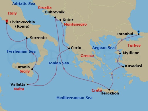 12 Night - Knights & Emperors - Seven Seas Voyager - Starting in Istanbul, Mytilini (Lesbos), Kusadasi, Heraklion (Crete), Cruising the Ionian Sea, Dubrovnik, Croatia, Kotor, Corfu, Cruising the Ionian Sea, Valletta, Catania (Sicily), Sorrento / Capri, Rome (Civitavecchia) itinerary map
