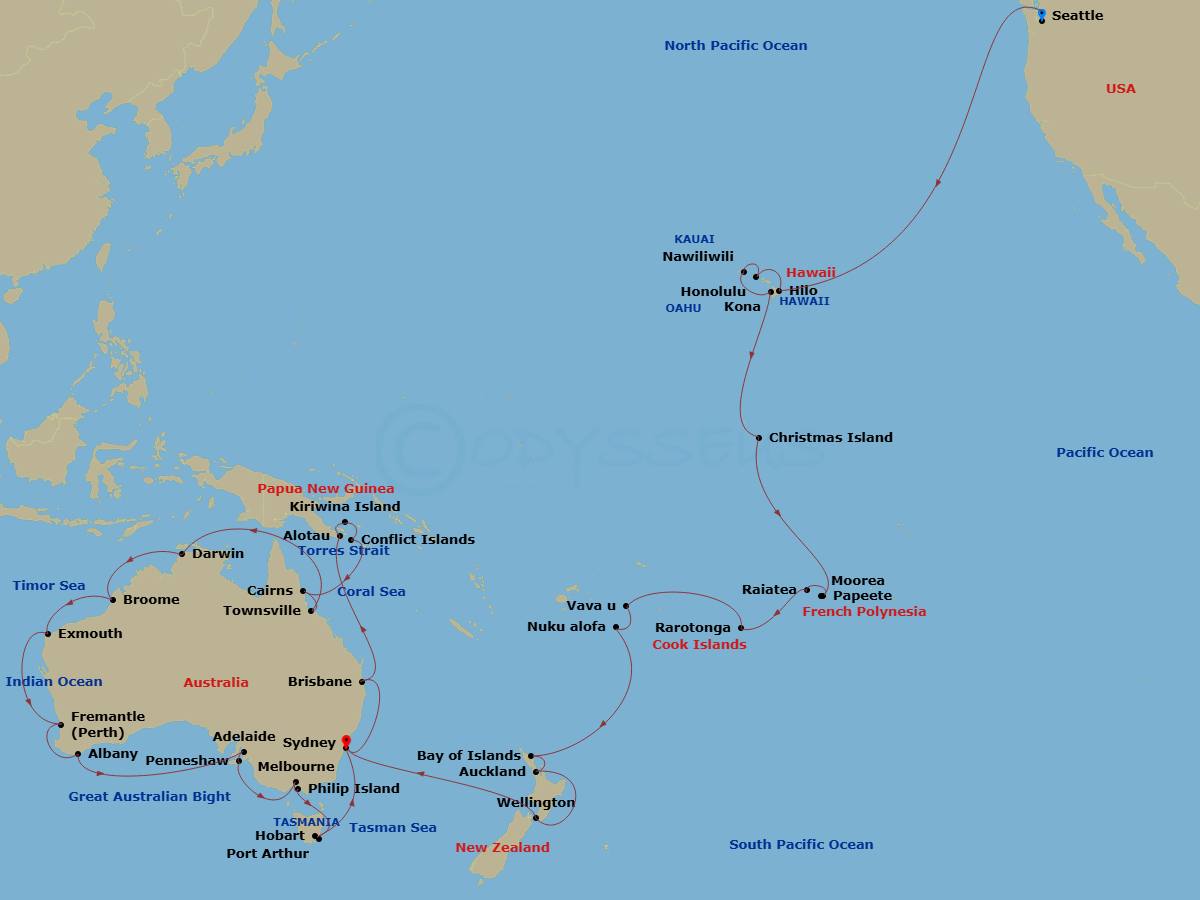 HAL Noordam - 70 Night - South Pacific Crossing & Australia Circumnavigation - HAL Noordam - Starting in Seattle, Washington, Hilo, Hawaii, Honolulu, Hawaii, Nawiliwili, Ka.. itinerary map