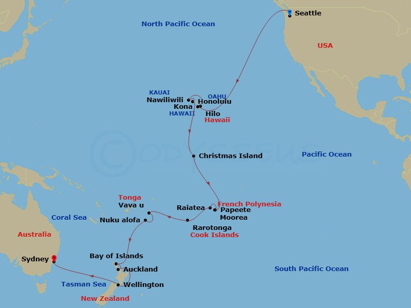 HAL Noordam - 35 Night - Legendary South Pacific Crossing : Seattle to Sydney - HAL Noordam - Starting in Seattle, Washington, Hilo, Hawaii, Honolulu, Hawaii, Nawiliwili, K.. itinerary map
