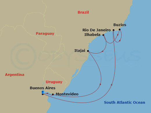 MSC Fantasia - 9 Night - South America - MSC Fantasia - Starting in Buenos Aires, Argentina, Rio De Janeiro, Brazil, Buzios, Brazil, Ilhabela, Brazil, Itajai, Brazil, Montev.. itinerary map