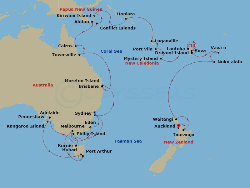 HAL Noordam - 42 Night - South Australia & South Pacific Islands Collector - HAL Noordam - Starting in Sydney AU, Phillip Island, Victoria AU, Australia, Burnie, Tasmania,.. itinerary map