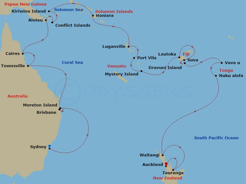 HAL Noordam - 28 Night - Islands of the South Pacific : Sydney to Auckland - HAL Noordam - Starting in Sydney AU, Moreton Island, Queensland, Australia, Brisbane, Australia.. itinerary map